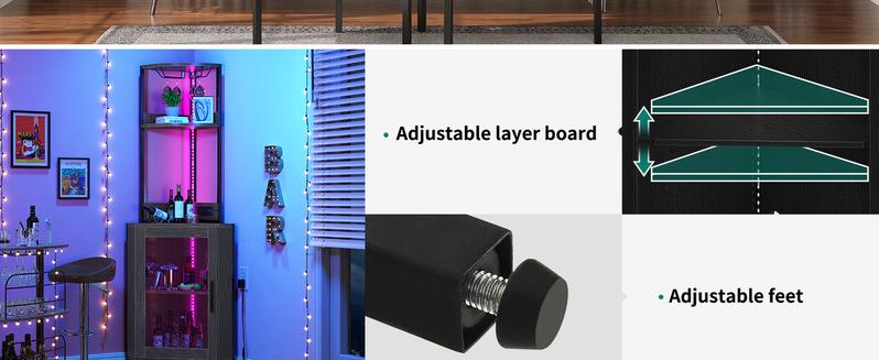 DWVO Corner Wine Cabinet with Power Outlets & LED Lights, Corner Bar Cabinet with Glass Holder, Liquor Bar Rack Cabinet for Living Room, Dining Room, Kitchen, Black DWVO Corner Wine Cabinet with Power Outlets & LED Lights, Corner Bar Cabinet with Glass Holder, Liquor Bar Rack Cabinet for Living Room, Dining Room, Kitchen, Black