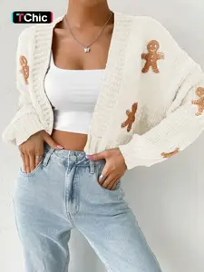 Women's Cartoon Print Drop Shoulder Cardigan, Casual Fit Long Sleeve Open Front Knitwear Fabric for Fall, Valentine's Day Gift for Girl, Women's Knit Clothing for Daily Wear, Womenswear Knitting Style, Piece