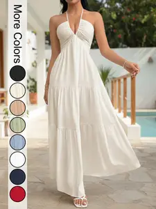 Flowing Halter Maxi Dress - Elegant Summer Style with Adjustable Straps and Flowy Fabric for Women