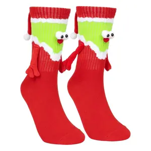Magnetic Holding Hands Christmas Socks for Couples, Funny 3D Cartoon Elf Novelty Xmas Socks, Matching Family Holiday Socks for Adults Kids, Cute Valentine Gag Gift