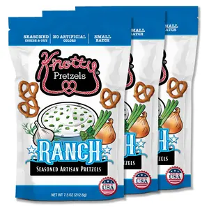 Ranch 3pk. Knotty Pretzels “The Official Pretzel of Beer” 7.5 oz Individual Seasoned Pretzels in Resealable Pretzel Snack Bags, The Perfect Pairing for Beer, Ranch Flavor (3-Pack)