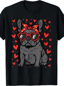 French Bulldog Heart Glasses Funny Valentine Frenchie Dog T Shirt Valentine'S Day Men'S T Shirts Items Breathable Crew Neck Regular Fit Machine Washable Suitable for Outings Festival Wear Casual Wear