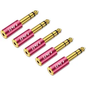 5-Pack 1/4 to 1/8 Headphone Adapter, 6.35 mm to 3.5 mm Stereo TRS Male to Female, -Plated 3.5mm Plug Jack Connector for Guitar, Amp, Keyboard, Bass, Red