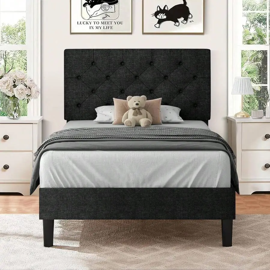 Upholstered     Headboard, Linen Platform     Wooden Slats Support,Twin/ Full/ Queen/ King,Pink/ White/ Blue/ Light Grey/ Dark Grey/ Black/