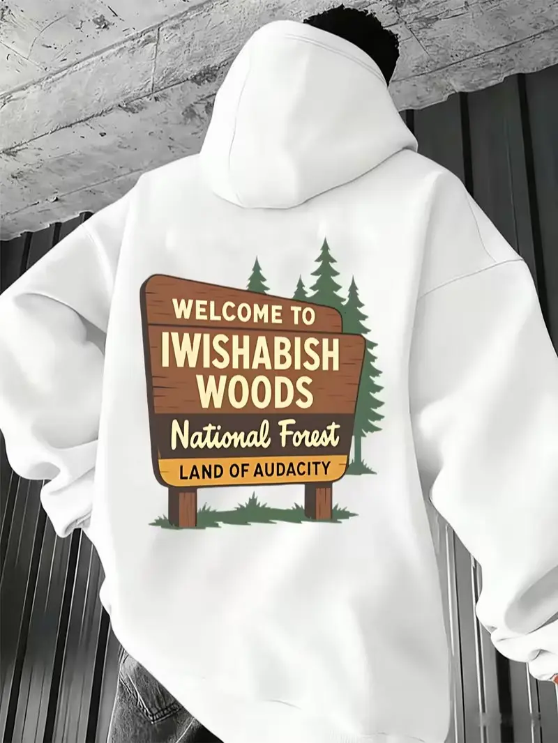 Iwishabish Woods National Forest Wooden Sign Back Print Fleece Pullover Hoodie, Funny Outdoor Camping Meme Long Sleeve Sweatshirt For All Seasons