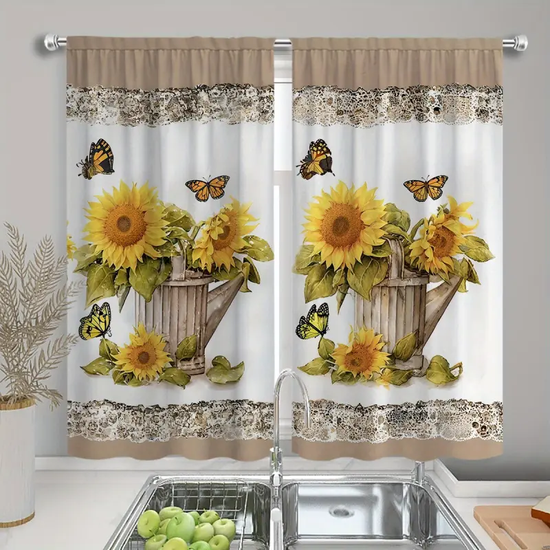 Vintage Sunflower Kitchen Window Treatments, 2 Pack Short Curtains, Watercolor Sunflower & Butterfly Art Print Rod Pocket Drapes for Farmhouse Kitchen Decor