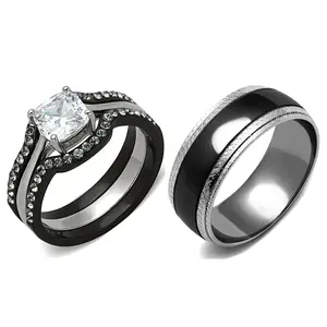 Lanyjewelry 4-Pieces His & Hers Wedding Set - Prong-Set Cushion Cut CZ Jewelry, Black IP Stainless Steel Pieces, Matching Men's Black Band