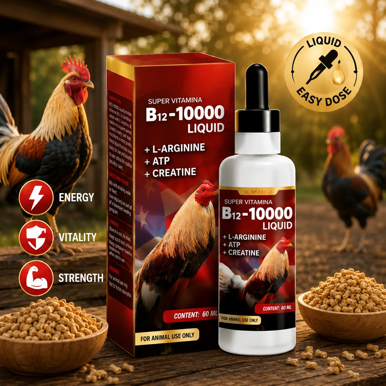 Vitamin B12 Liquid Supplement for Adult Roosters & Poultry, With L-Arginine, ATP & Creatine, Easy-Dose Dropper, Daily Energy & Vitality Support, 60 mL
