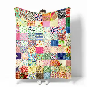 Colorful Vintage Floral Patchwork Flannel Blanket，Retro Boho Style, Soft & Cozy, Perfect for Bohemian Home Decor, Bedspread, or Couch Throw