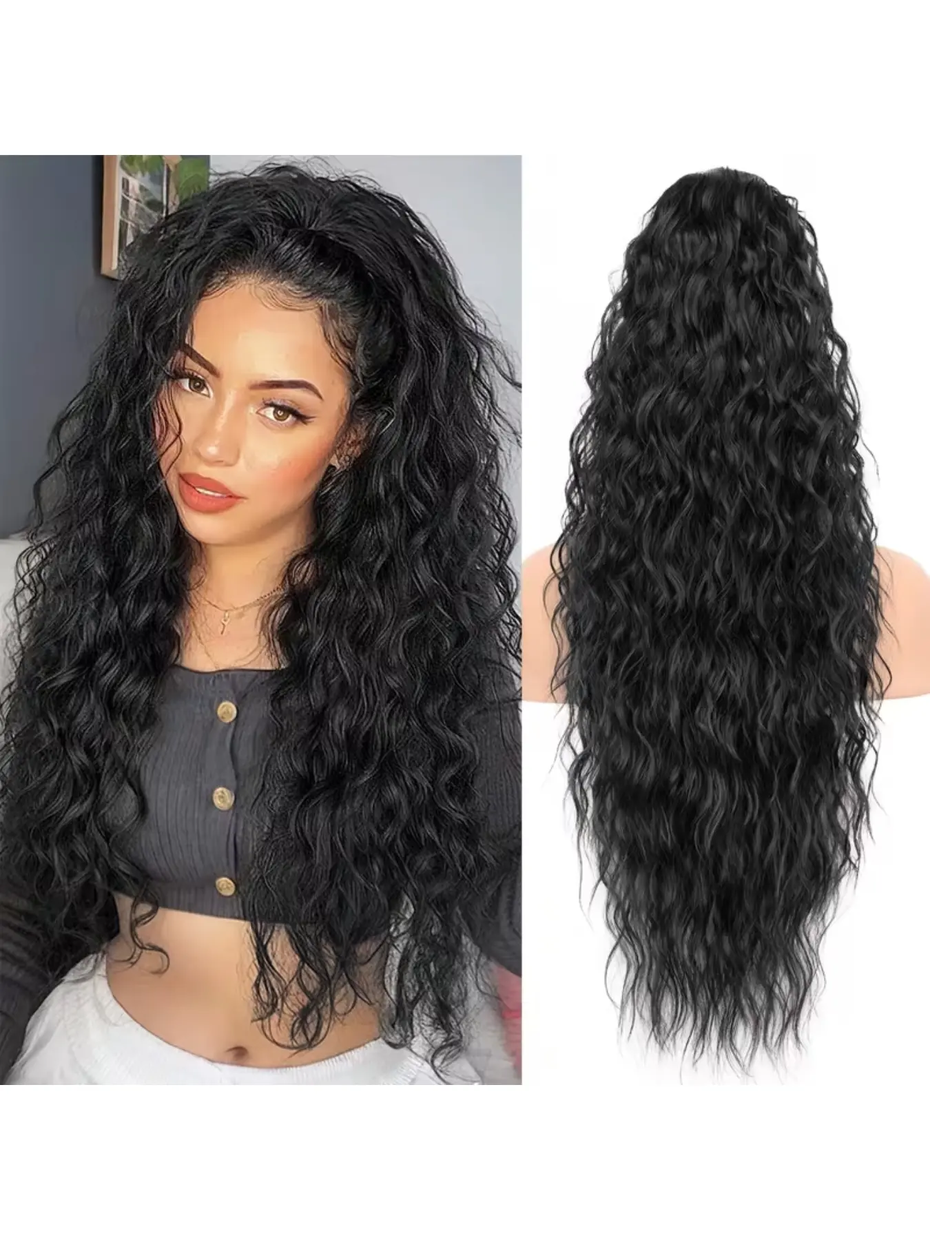 Ponytail Human Hair Extension Deep Wave Hair Curly Wavy Hair Drawstring Natural Black Color for Women Ponytail Hair Extensions Human Hair for Women Natural Looking Hair