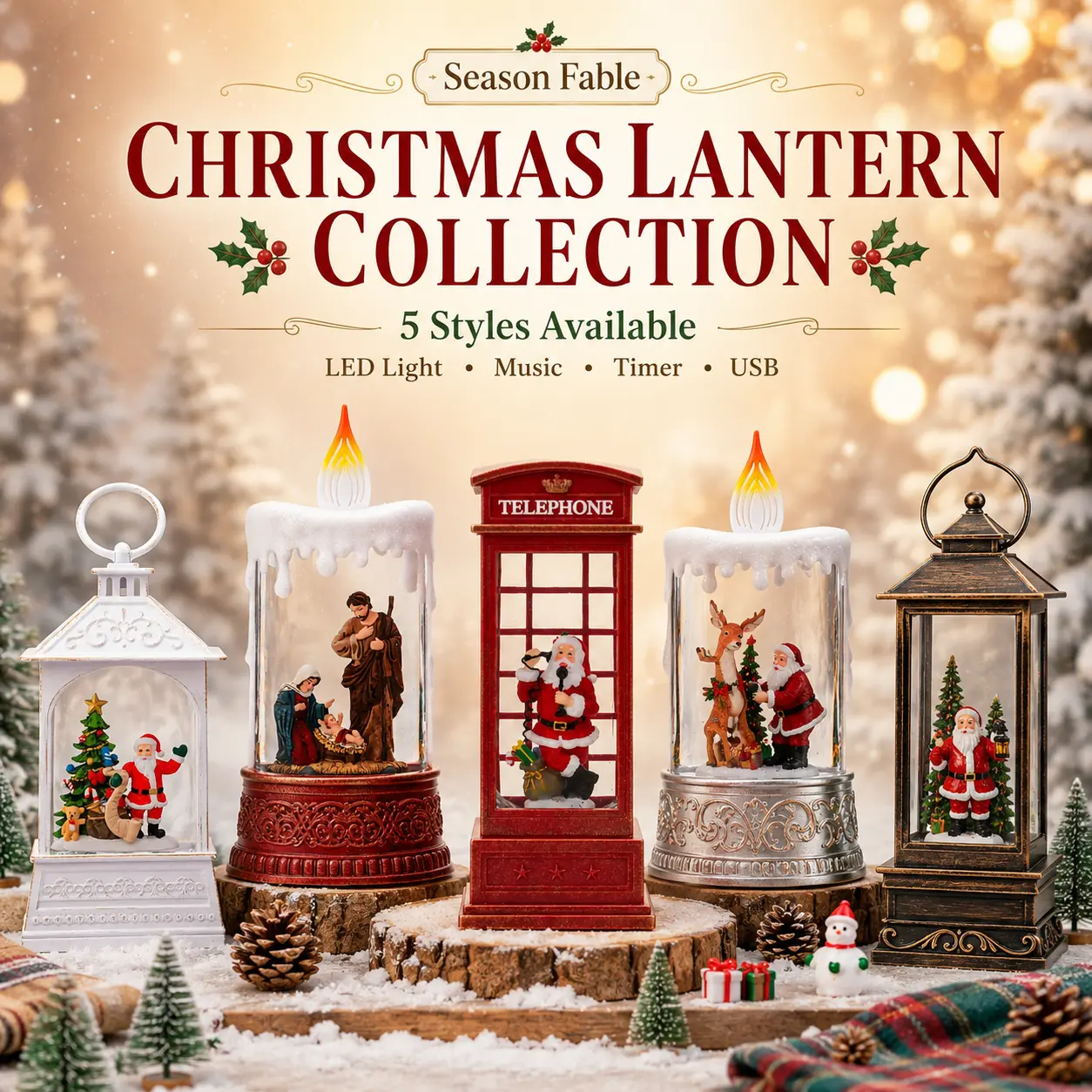 Season Fable Christmas Lighted Lantern Decor with LED Light, Music, Auto Timer, USB Power Supply, Holiday Tabletop Decoration