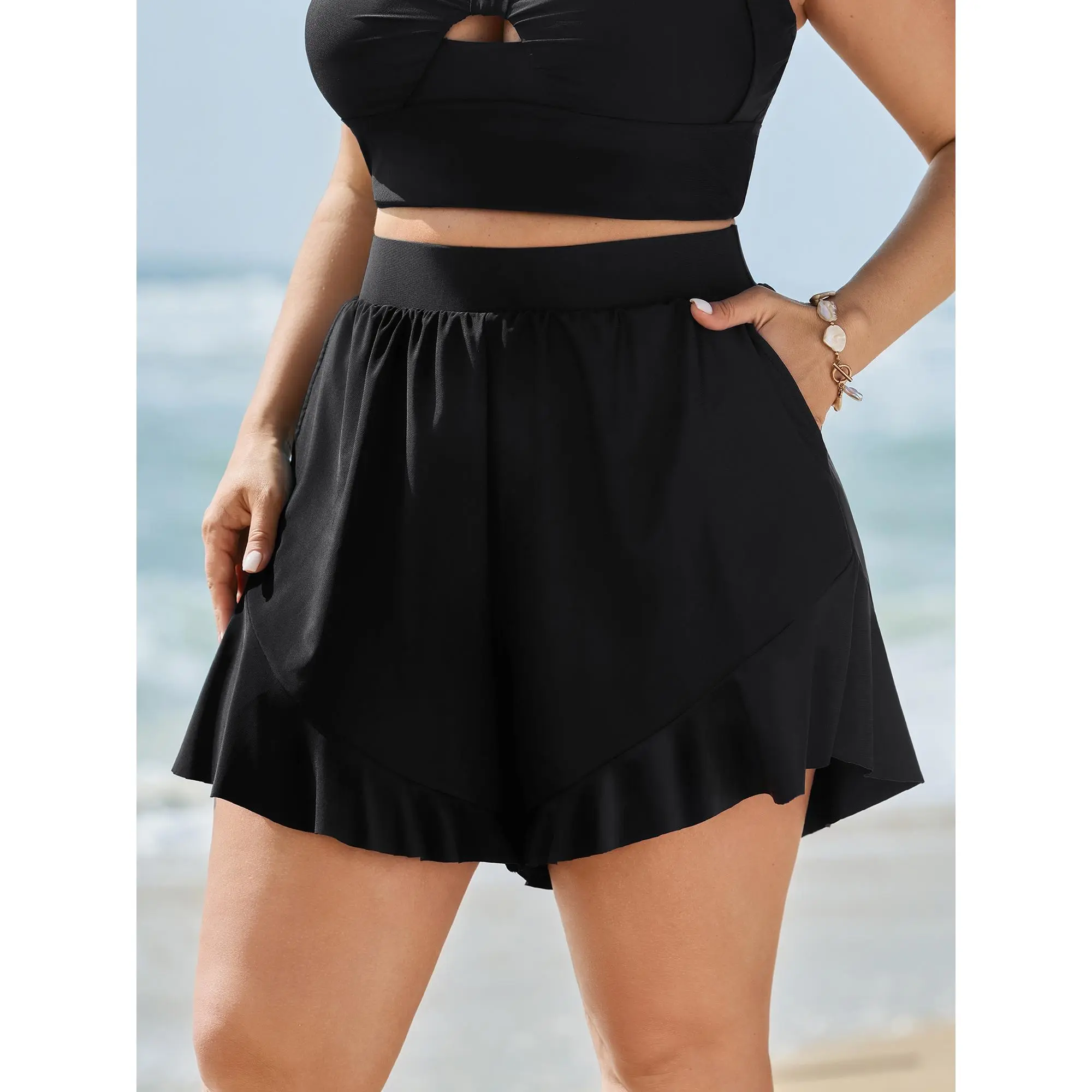 Women's Plus Size Nylon High-Rise Solid Swim Shorts - Tummy Control, Ruffled Hem, Side Pockets, Beach Pool Wear, Flare Leg Tankini Bottoms, Summer Essentials