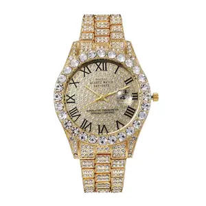 Hip Hop Bust Down Men's Watch Full Diamond Bling Wristwatch with Roman Numerals and Date