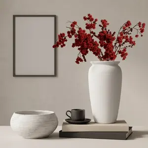Minimalist Matte Ceramic Vase, Horizontal Ring Texture Tall Jar Vase, Wabi-Sabi Style Home Decor Dried Flower Vase for Living Room Shelf Desktop Decoration