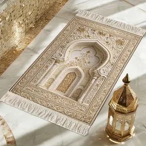 Luxury 2D Embossed Print Prayer Rug, Vintage Mosque Arch Mat with Tassels, Non-Slip Foldable Praying Pad, Quiet Anti-Stain Floor Protector