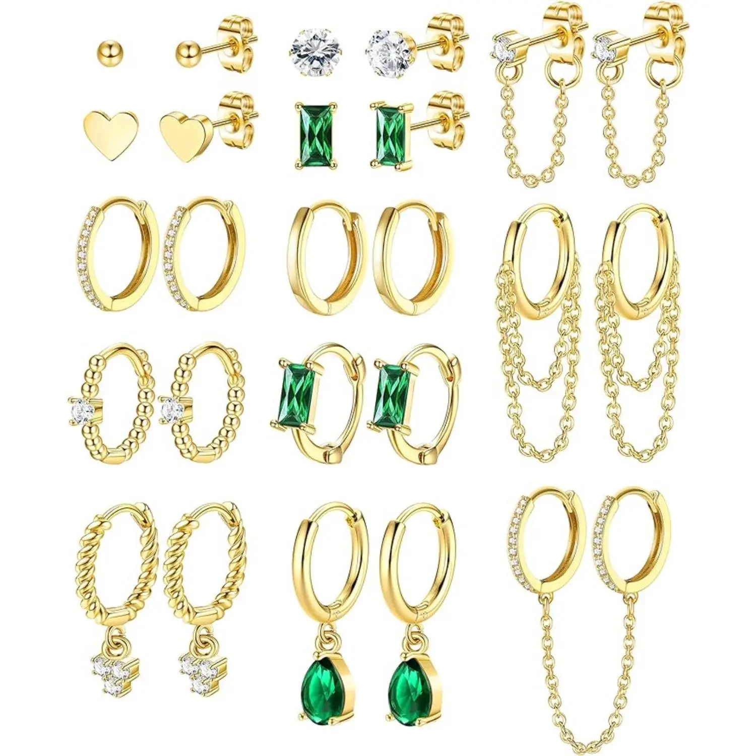 Jstyle 13Pairs Hoop Earrings for Women Girls Huggie Hoop Stud Earrings Set Small CZ Ball Stud Earrings Chain Hoop Earrings Hypoallergenic Dangle Hoop Earrings for Multiple Piercing Daily