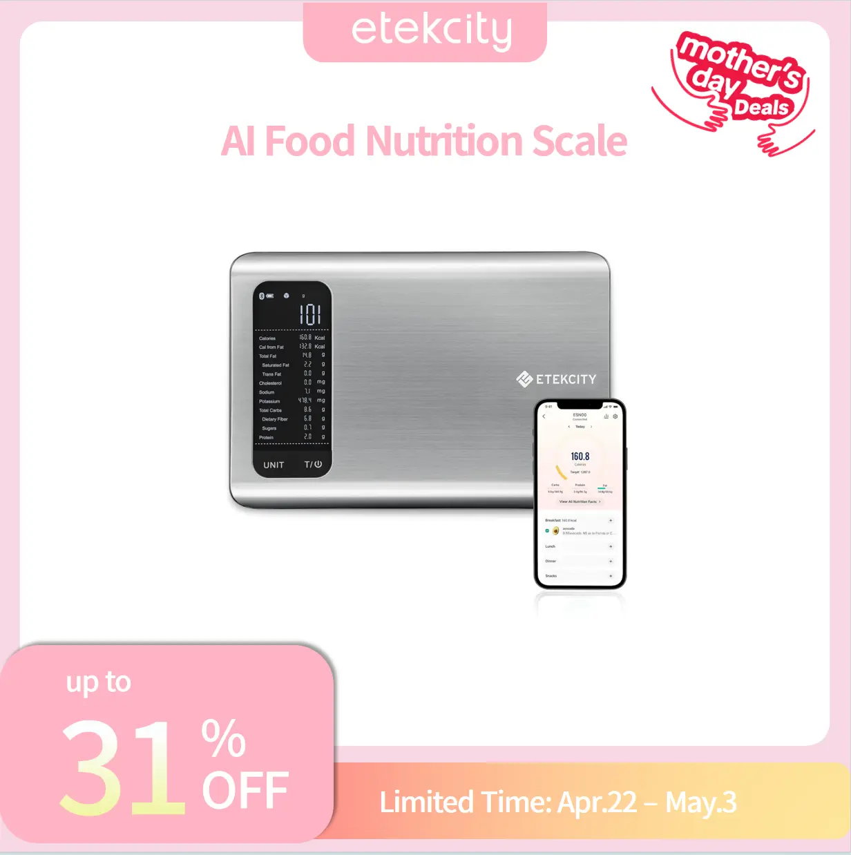 Etekcity ESN00 AI Smart Food Scale | 19 Nutrient Facts Auto Scan | Digital Calorie Counter for Meal Prep & Fitness | Compact Stainless Design mothersdaygift