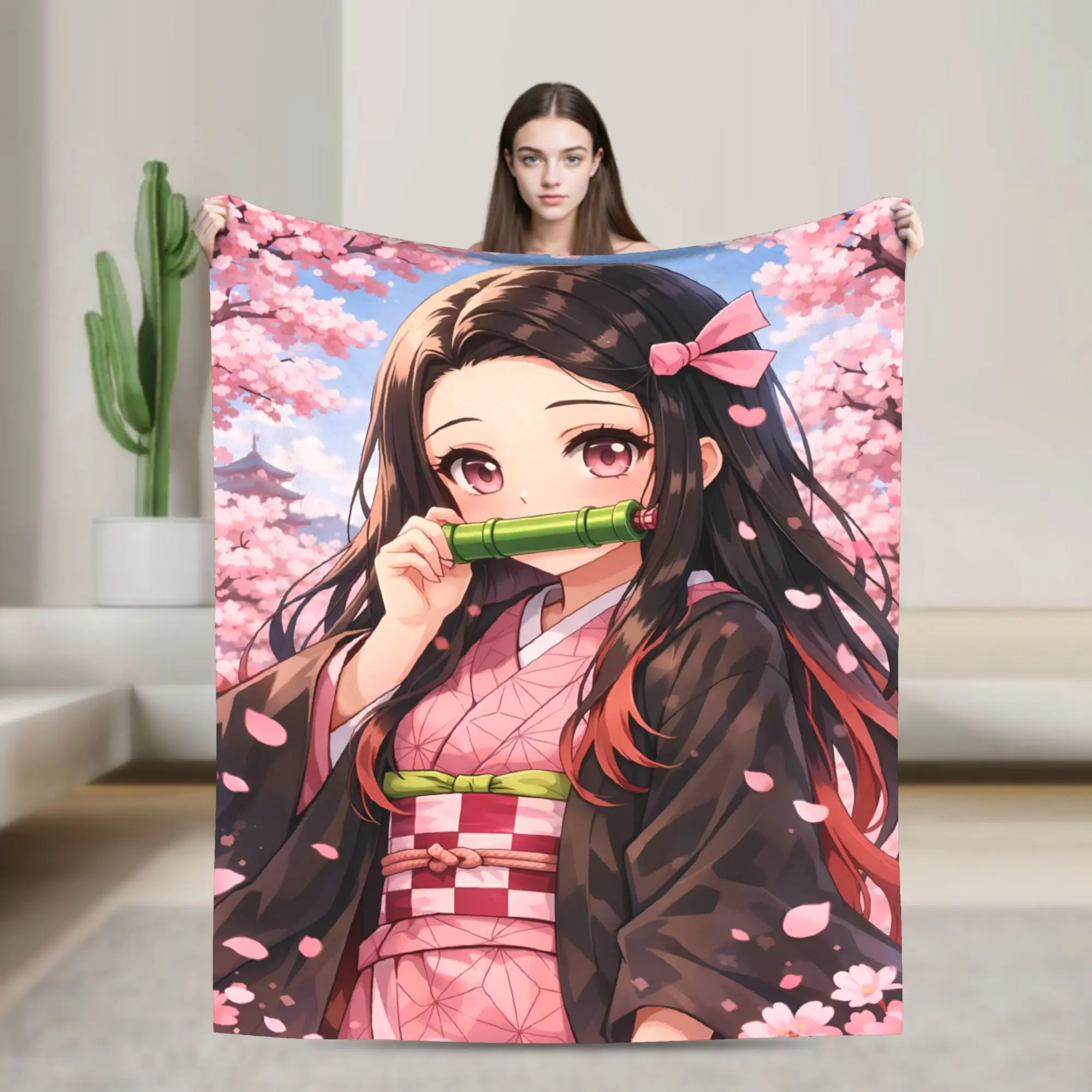 Anime Manga Demon Slayer Kamado Nezuko Graphic Print Flannel Throw Blanket - Soft, Cozy, Lightweight, Warm, Decorative Home Decor, Giftable, Multiple Sizes, Anime Graphic Print Throws