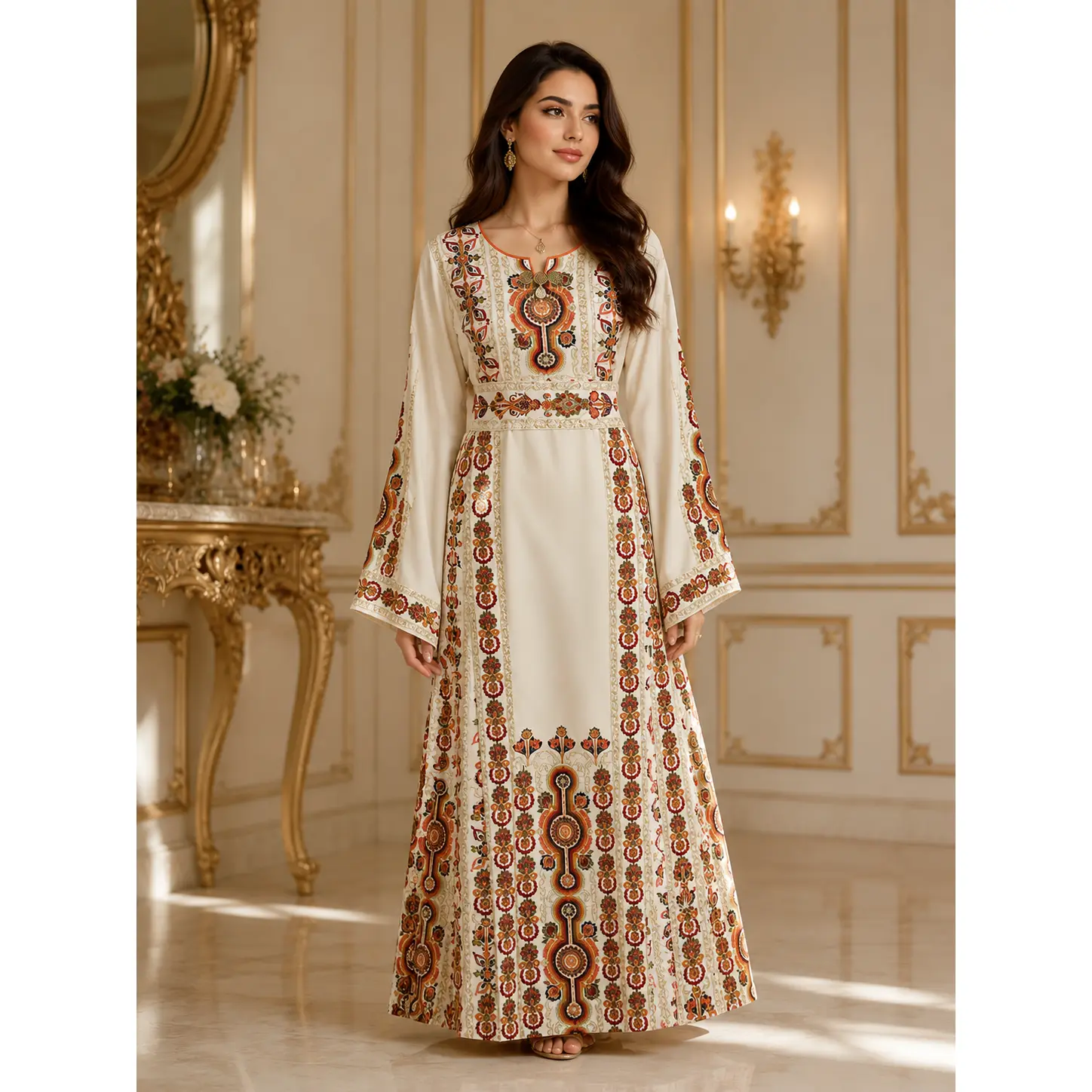 Palestinian Elegance Salma Ivory Embroidered Thoub Modest Dress