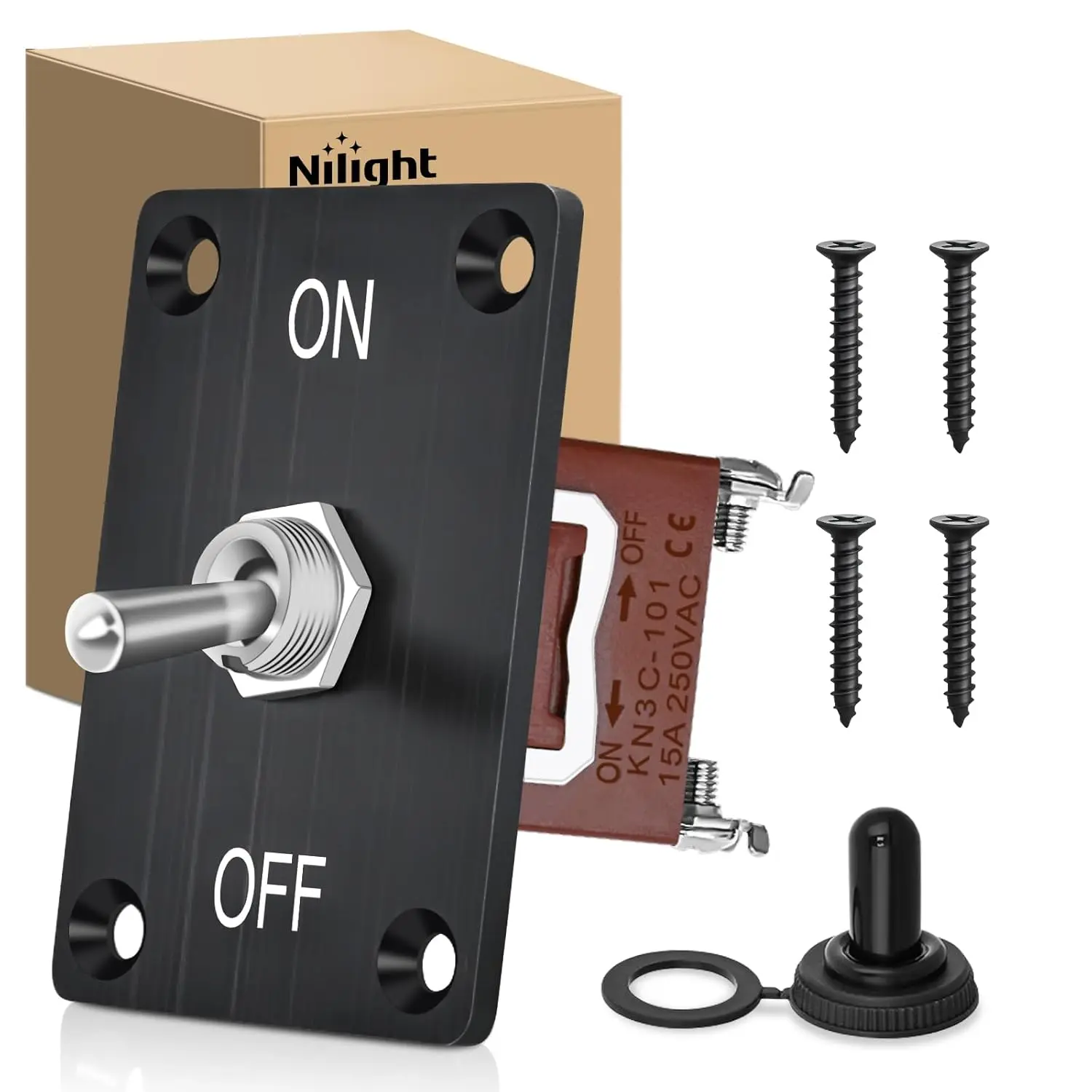 Nilight Heavy Duty Waterproof SPST Toggle Switch Kit, Easy Installation, 2-Pin Brass Copper Terminals, 2-Position ON-Off Control, 30A 12VDC, 15A 250VAC, 11.7mm 4-Screw Panel Mount, Dust-Proof Cap, 125VAC 20A Rated, for Cars, Trucks