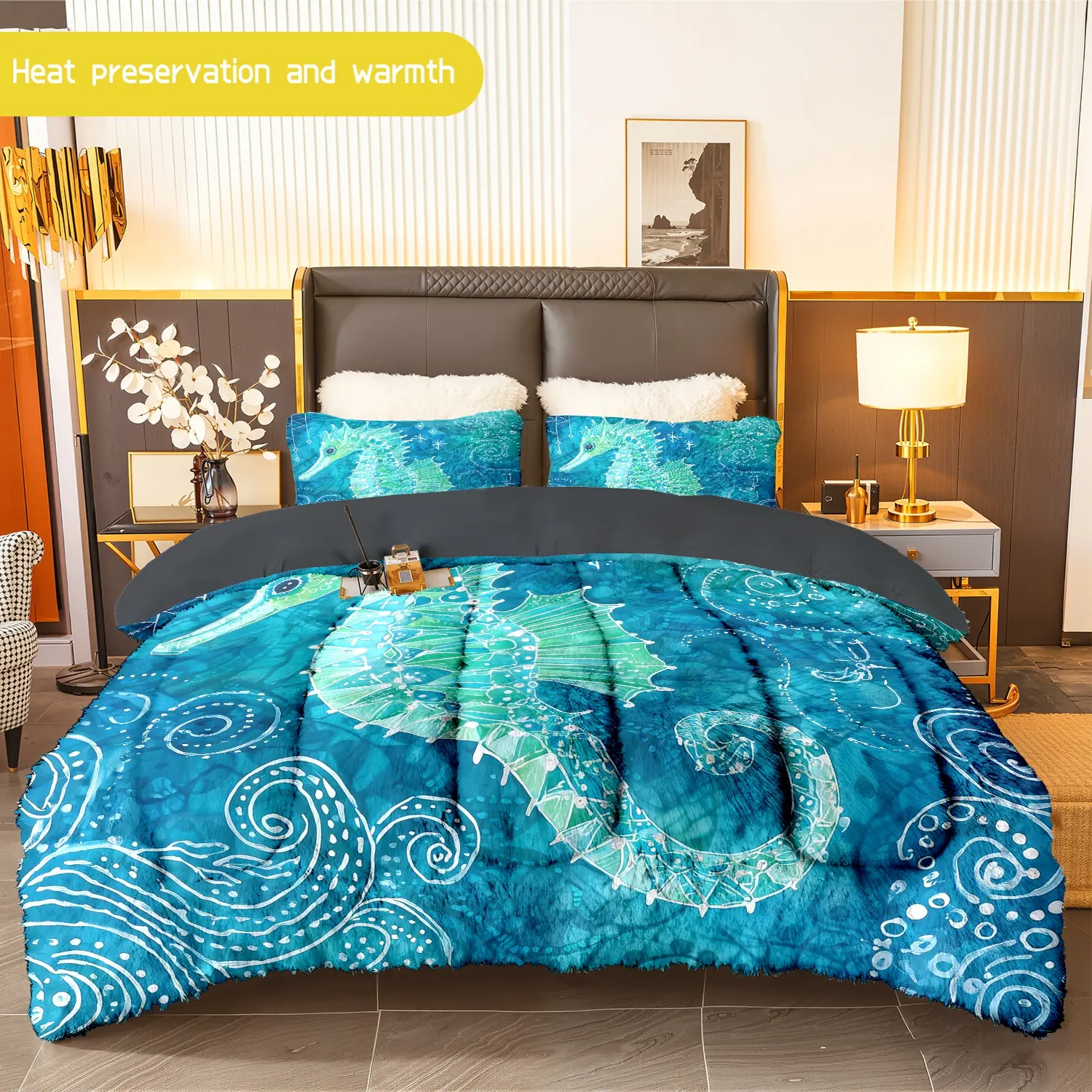 3pcs (1 comforter + 2 pillowcases) Seahorse - themed Flannel & Milk - fleece Comforter Set, Soft Warm Bedding for Adults, Cozy Milk - fleece Bedding Essentials