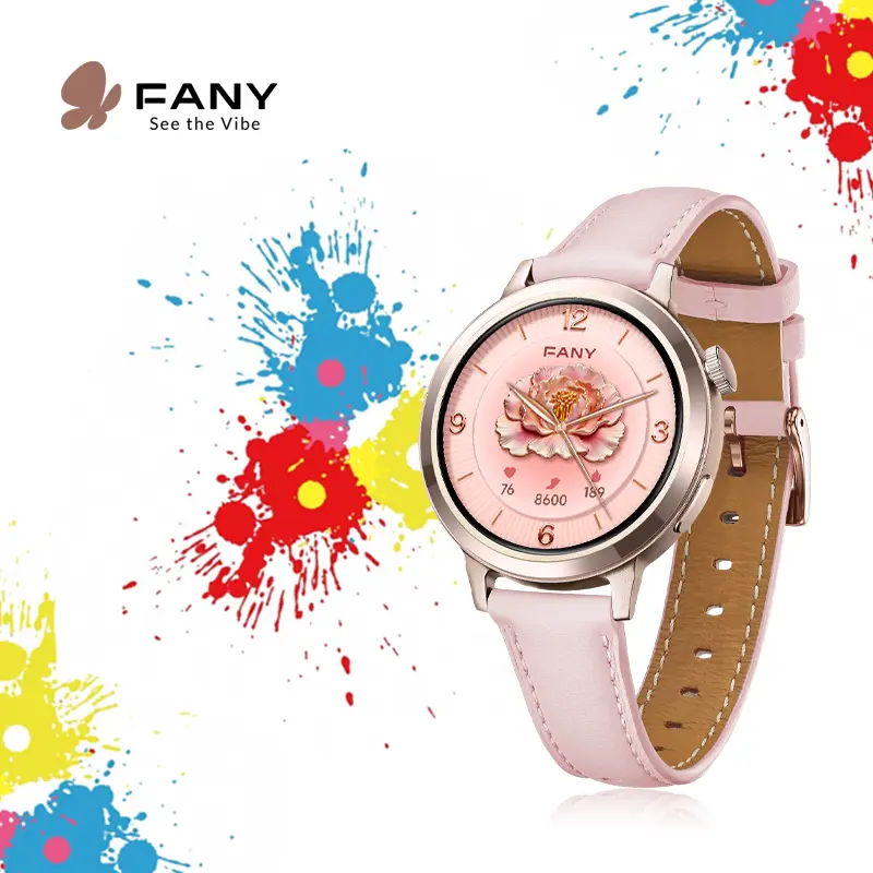 FANY Luna Women's Leather Smartwatch - AMOLED Display, 110+ Sport Modes, Touchscreen Step Tracker, Fitness/Sports Tracking Watch with Heart Rate Sleep SpO2 Monitoring, 7-Day Battery, Water Resistant, Free App, Women's Fashion Outdoor Running Wearable