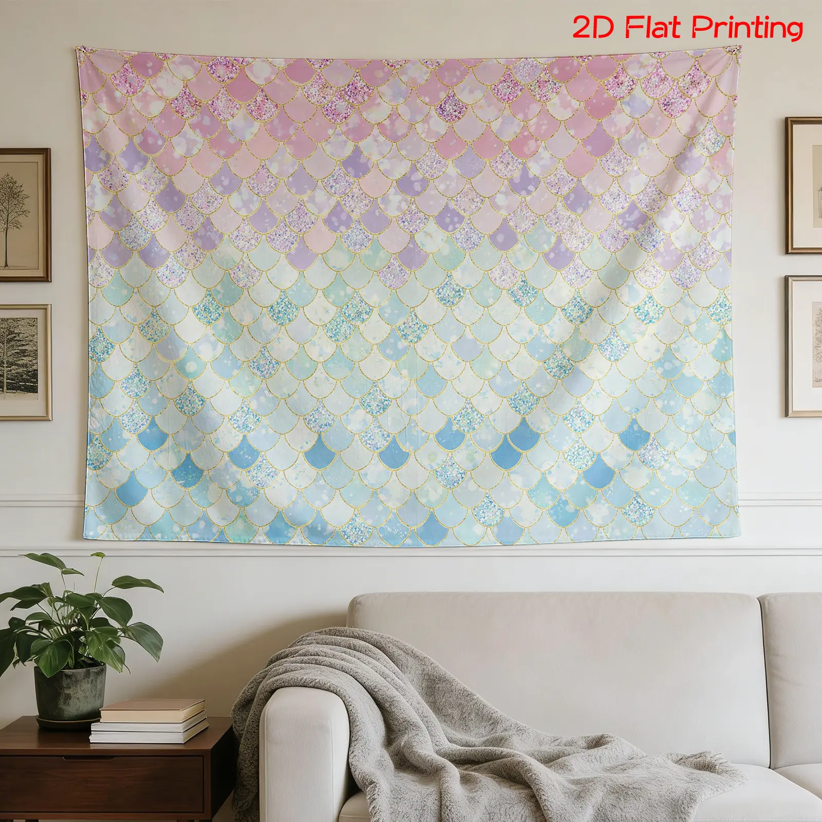 High-Definition Digital Print Cartoon Tapestry - Transverse, Vibrant Mermaid Scale Background, Home Supplies for Indoor Decor, Holiday Gifts, Others