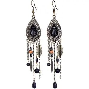 Bohemian Vintage Drop Dangle Long Earrings For Women Handmade Boho Ethnic Leaf Acrylic Wood Beads Chain Earings