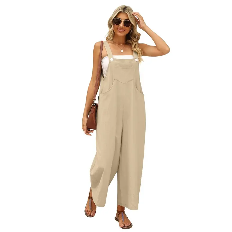 UANEO Women's Summer Cotton Linen Bib Overalls Baggy Sleeveless Adjustable Wide Leg One Piece Jumpsuits Womenswear Casual Fabric Soft Basic Minimalist Strap Strappy
