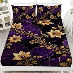 Fitted Sheet 3-Piece Set - 2D Flat Printed Purple-Black Gold Leaf Pattern Mattress Covers, Available in 10 Sizes (1 fitted sheet + 2 pillowcases, no insert). skin-friendly and breathable bedding, suitable for family bedrooms .