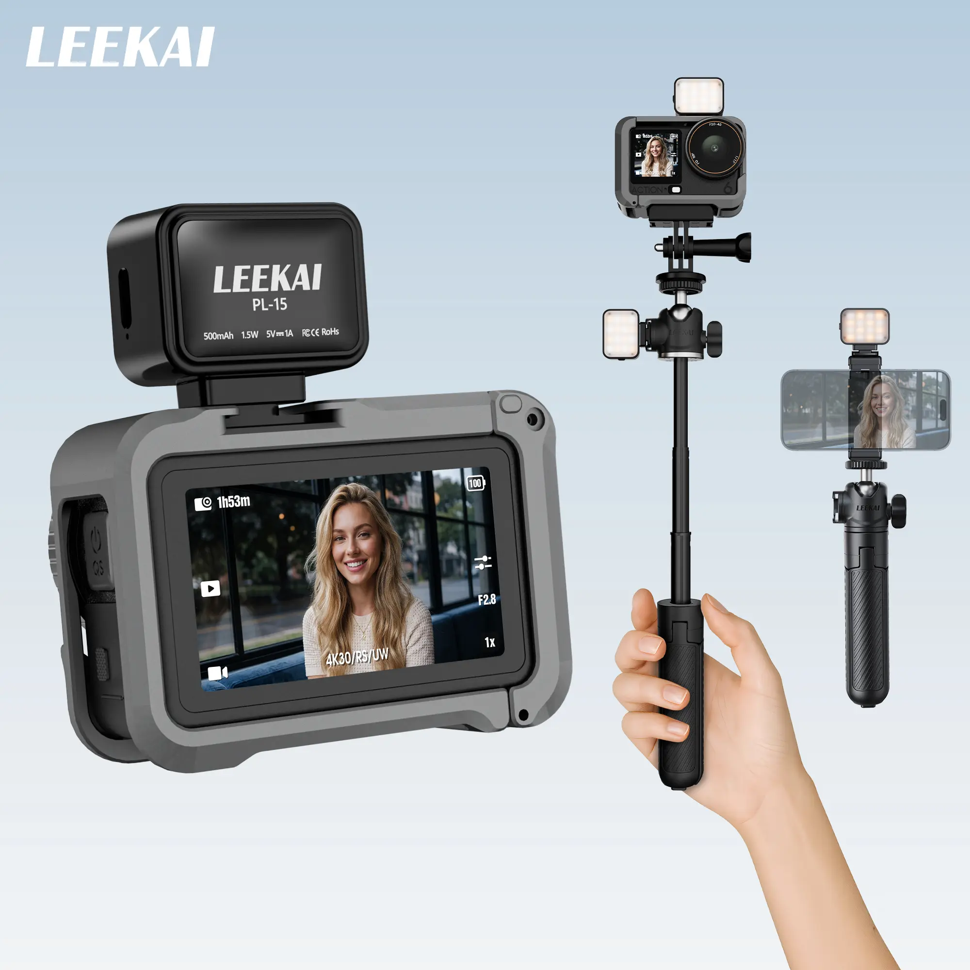 LEEKAI PL15 Magnetic Auxiliary Mini Camera Accessory, CRI95+ Photographic Fill Light for DJI Action 6 Pro/Action 5, 500mAh Rechargeable LED Attachment for Content Creators’ Makeup Tutorials & Vlog Selfie Videos