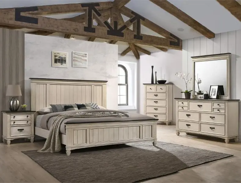 B9100 - Sawyer 4-Piece Rustic Two-Tone Antique White & Brown Weathered Wood Queen Bedroom Set