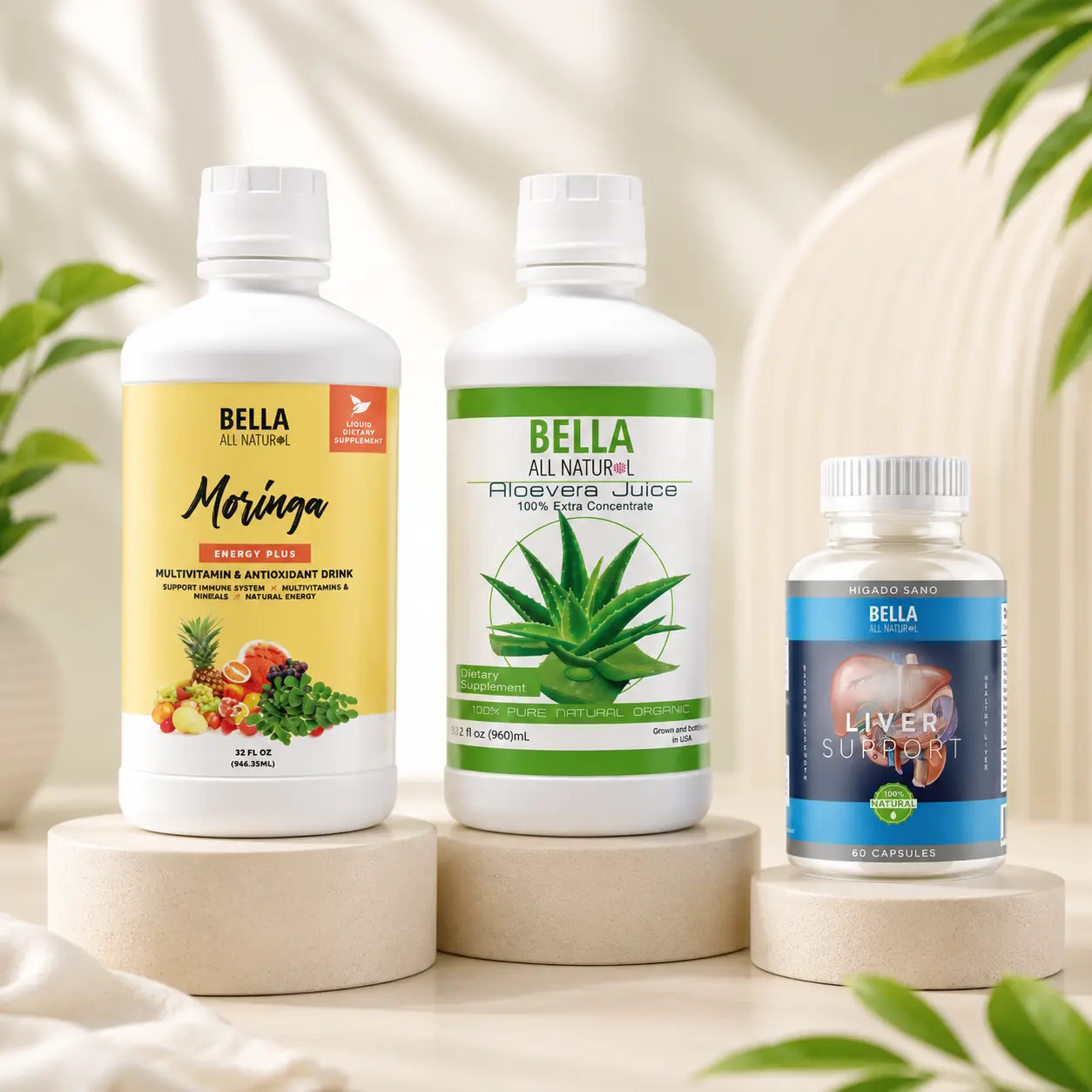 Bella All Natural MEGALIVE Bundle #2: Moringa Energy Plus + Aloe Vera Juice + Liver Support