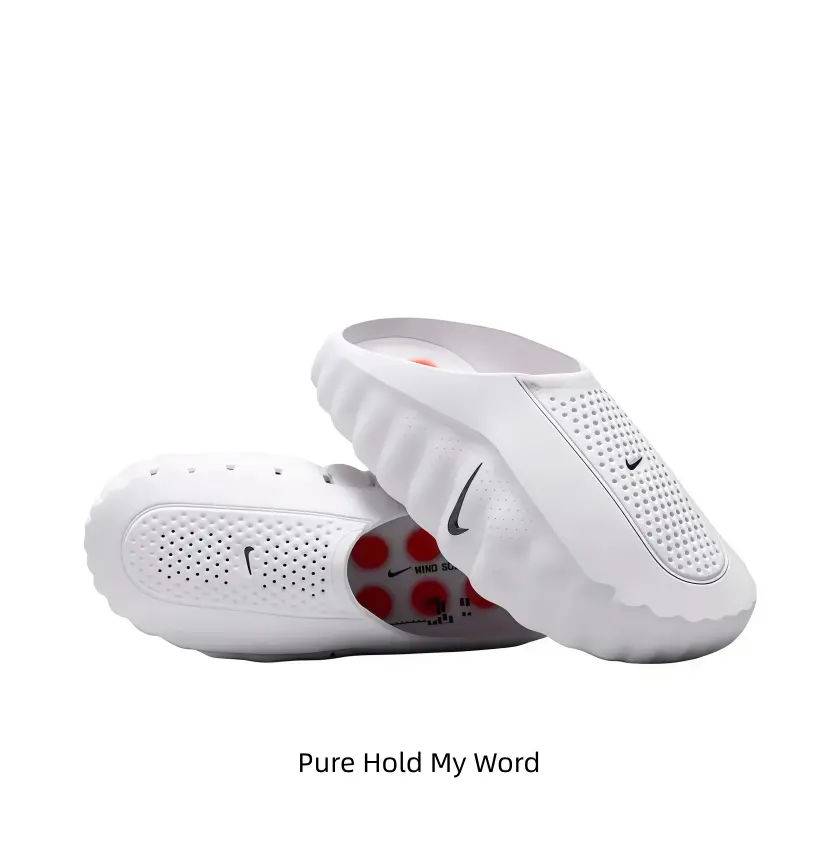 White Mule Slides, Red Cushioning Massage Outsole, Perforated Upper, Pre-Game Recovery Tech Slides