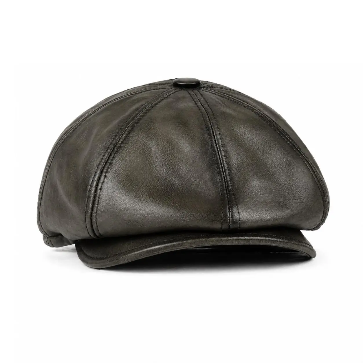 Men's Multi-Size Real Leather Newsboy Cap - Vintage Sheepskin Leather Flat Cabbie Driver Ascot Hat, Military Green (Modest Fashion Peci Accessory)
