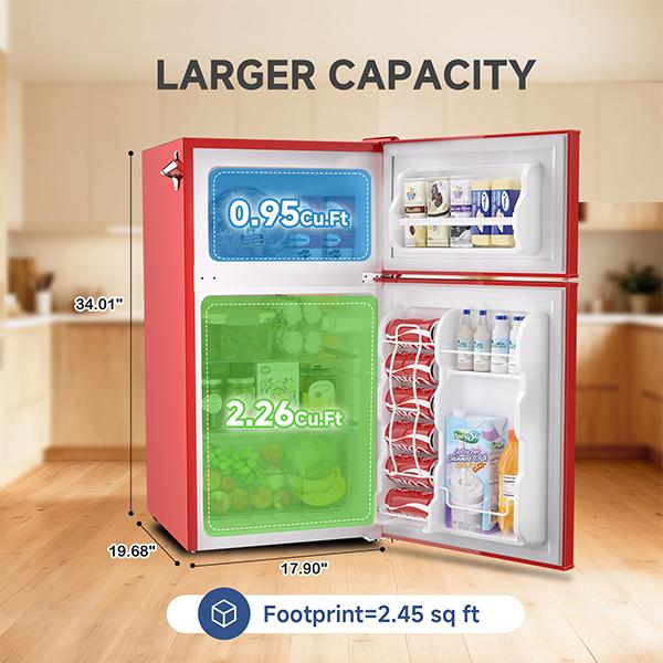 BANGSON 3.2 Cu.Ft Retro Double-Door Mini Fridge with Top Freezer, Adjustable Thermostat, Energy-Efficient & Quiet, Compact & Easy to Clean, for Office/Apartment/Dorm, Red, Black, Cream White