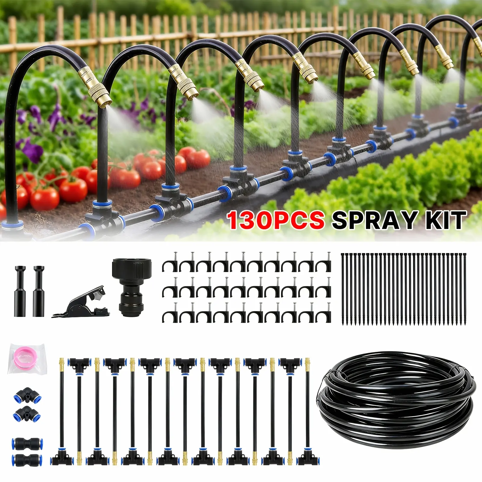 70/100/130pcs Automatic Drip Irrigation System, Garden Watering Irrigation Kit with Adjustable Copper Nozzles, Atomizing Watering Sprinkler System for Garden, Raised Bed, Lawn, Greenhouse, Ideal Gift for Garden Lovers, Available In 32.8/49.2/65.5ft