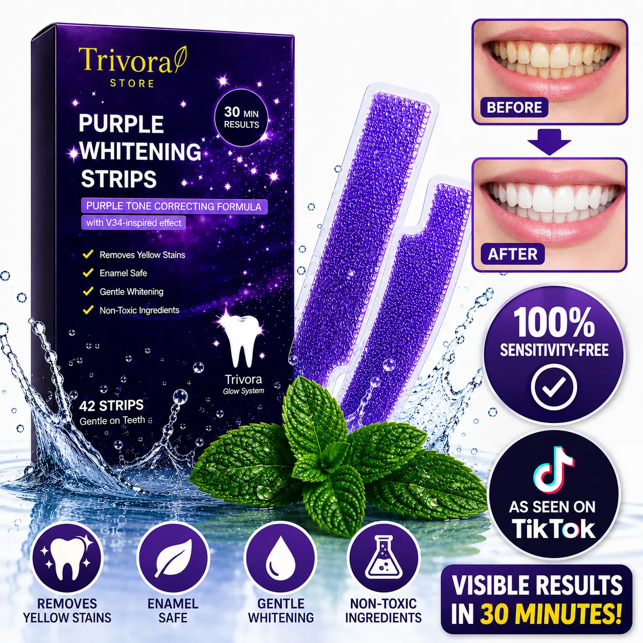 TRIVORA Purple Dental Teeth Whitener Strips - 14 or 21 Treatments - Peroxide-Free Stain Remover for Sensitive Teeth, Dental Teeth Whitening