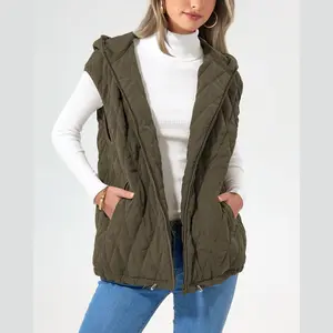 Women's Winter Casual Sleeveless Hooded Zip Up Quilted Diamond Pattern Jacket with Pockets Minimalist Outerwear Top pullover trench coat buttoned cardigan woman shoulder single wear warm solid zip-up pocket jacket weekend sweater long sleeve pocket jacket