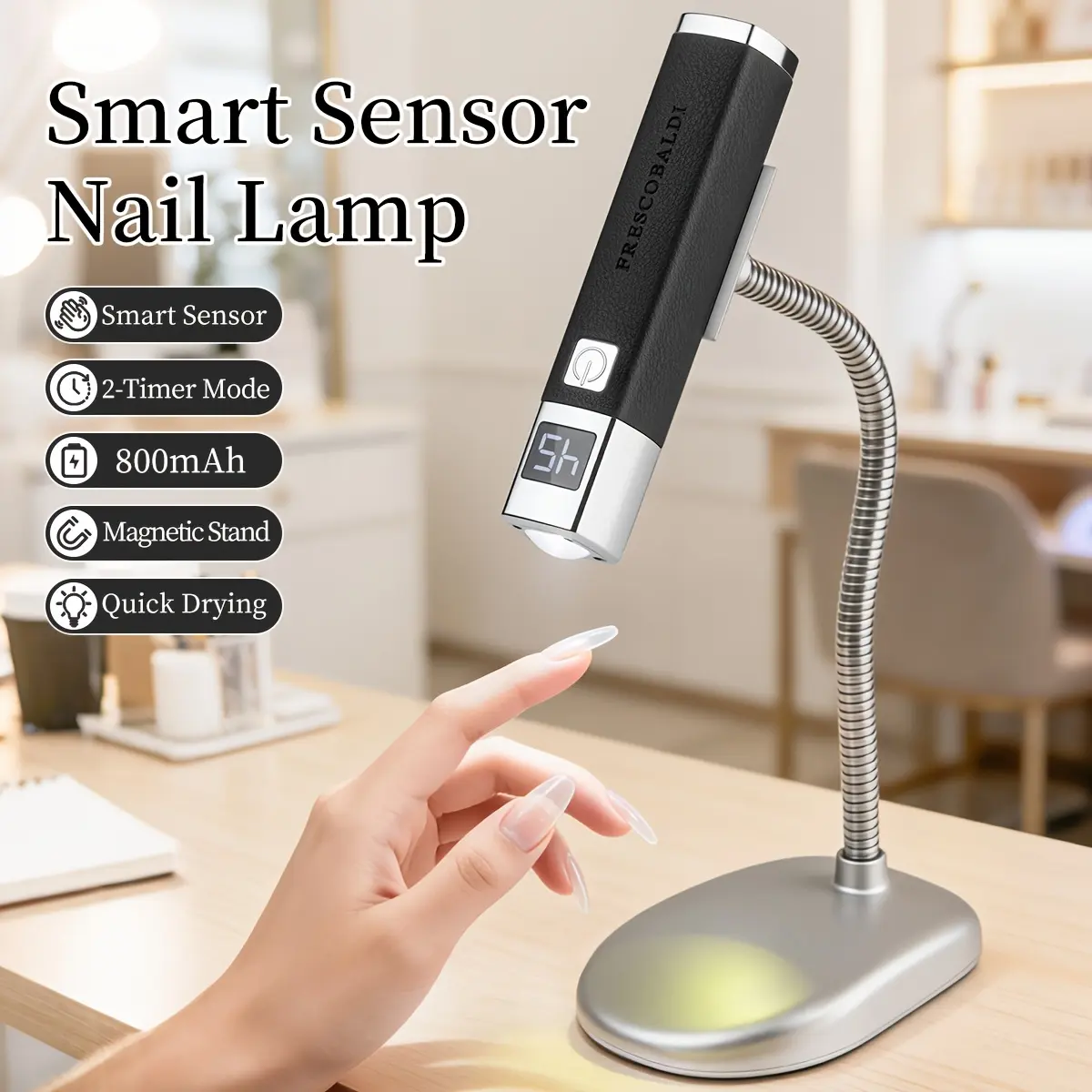FRESCOBALDI Compact Cordless Lightweight Smart Sensor LED Nail Lamp - Auto On/Off, 2-Timer Mode, 800mAh Rechargeable Battery, 5V Type-C Charging, Digital Display, Magnetic Stand, Salon Nail Art Tool (Single Item)