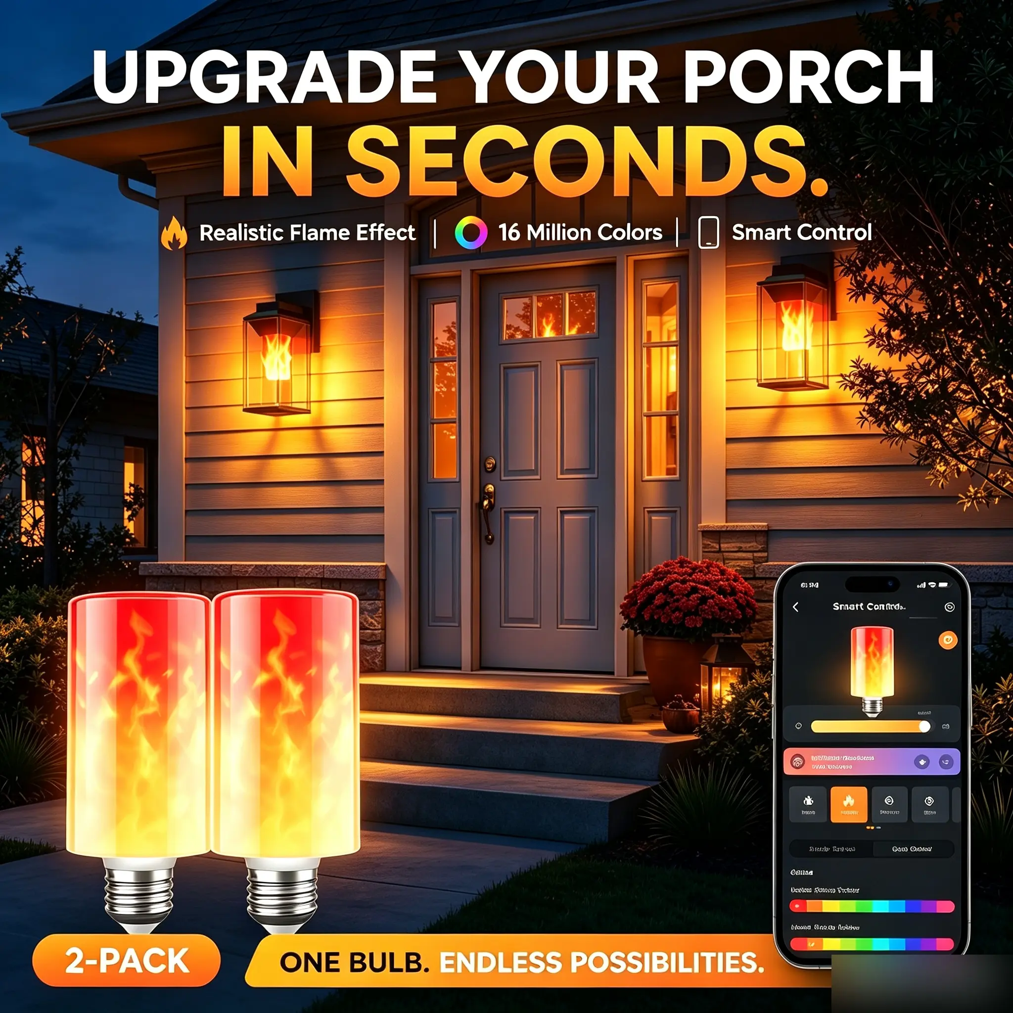 [New Arrival | $14 OFF] Linkind Smart Porch Light Bulb, Color Changing E26 WiFi Light Bulb with Flame Effect, Alexa & Google Compatible, 850LM, 120+ Scenes, Outdoor Covered Porch & Entryway Lighting