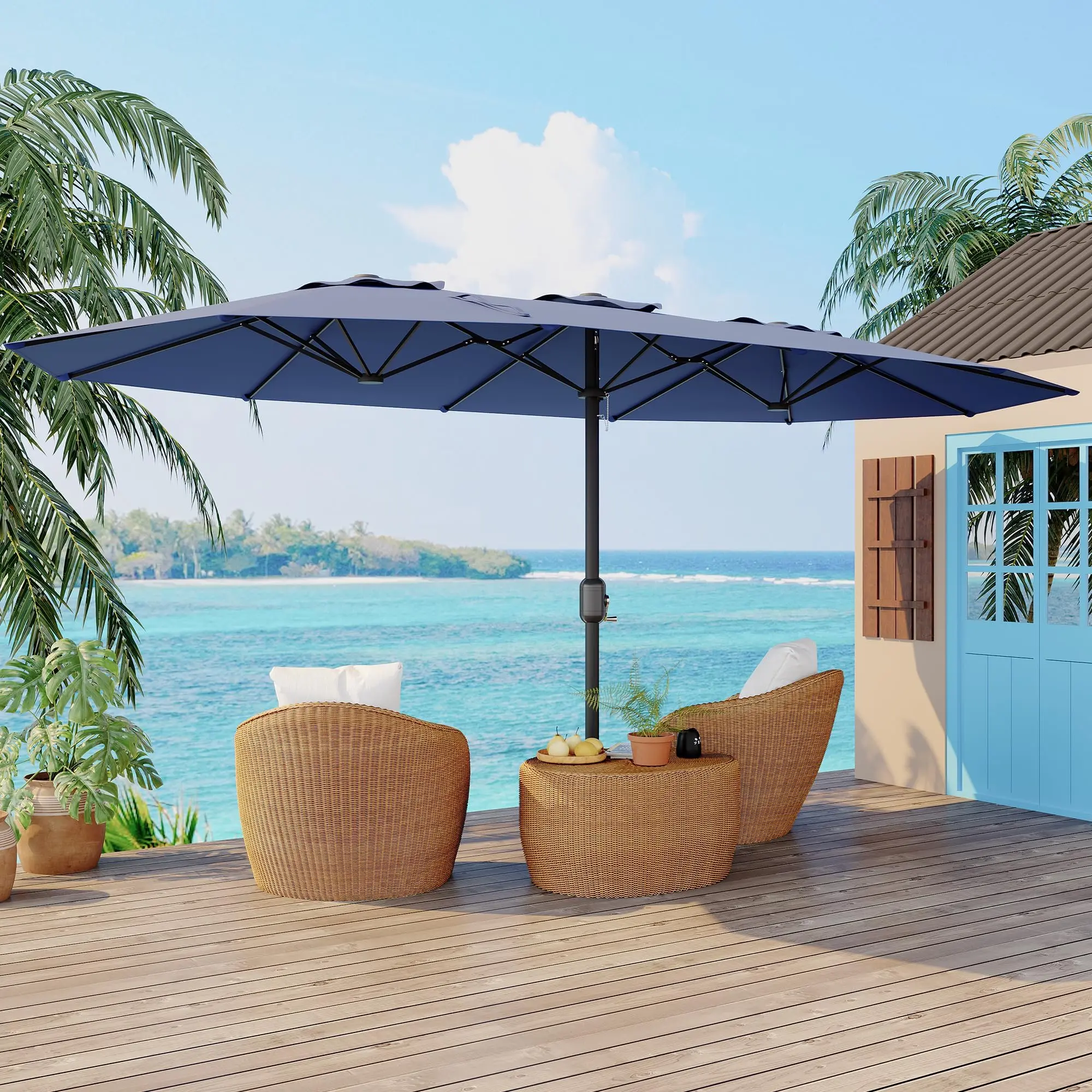 Garvee 15ft Double-Side Patio Pool Umbrella with Base Included, Large Heavy Duty Rectangular Outdoor Market Umbrella for Deck, Poolside, Lawn, Backyard in Navy Blue and Navy Red, Heavy Duty Canopy, Patio Parasol, Polyester