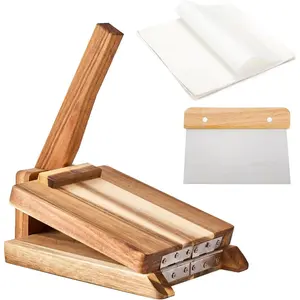 Wooden Tortilla Press with 50pcs Paper & Stainless Dough Scraper, Large Mexican Square Flour Tortillera Presser Homemade for Tortillas Roti Burrito, Tacos, Pataconera, 8 inch