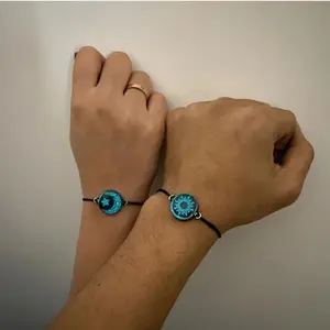 Sun & Moon Glow-in-the-Dark Couple Bracelet Set, Matching Black Cord Friendship Bracelets with Luminous Blue Charms, Romantic His and Hers Jewelry for Long-Distance & Couple Styling