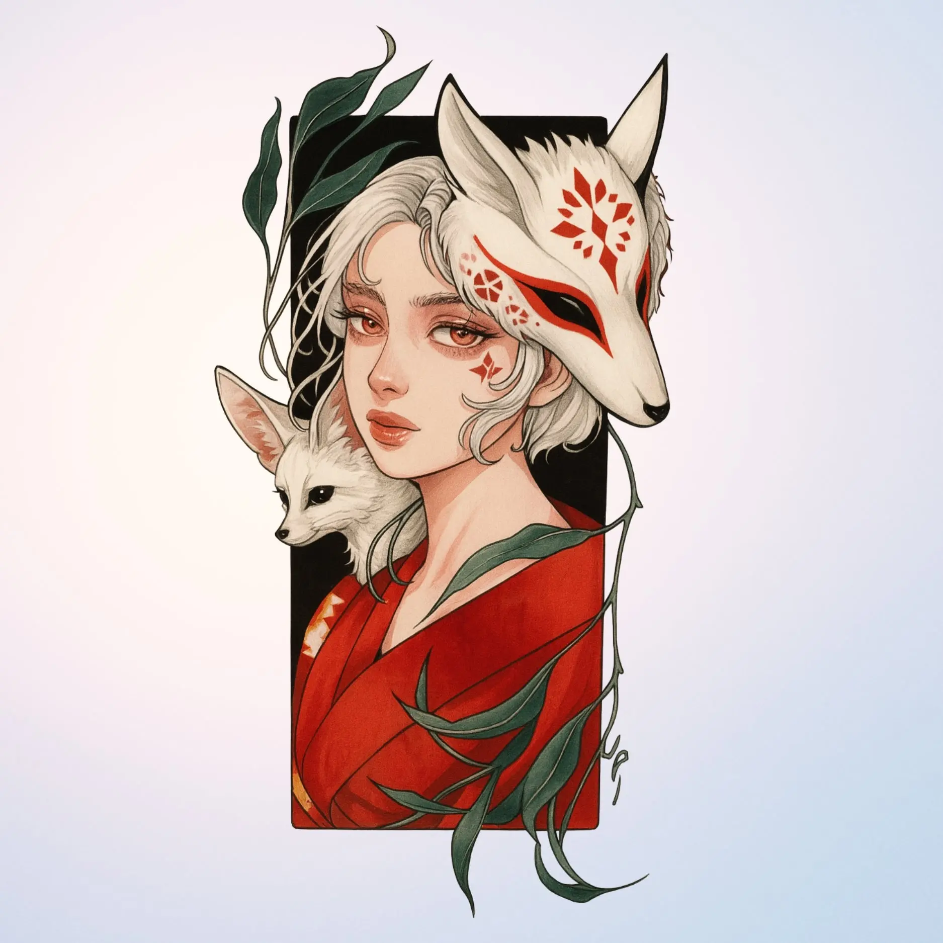 Kitsune Fox Mask Girl Temporary Tattoo - Japanese Folklore Anime Sticker Waterproof 3-7 Days - Skin Friendly Ultra Thin Film - Perfect for Cosplay Festivals or Gifts