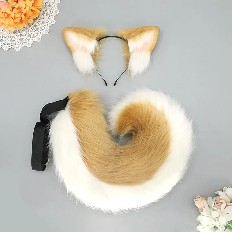 Archi Handwork Animal Shiba Inu Furry Headband Fluffy Tail Plush Dog Ears Headwear Fursuit Animaris Cosplay Performance Props