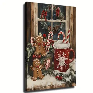 [2D Plane] 1 Piece Wooden Frame Canvas Painting-Christmas Gingerbread and Candy Bar Holiday Wall  Winter Scene Full of Holiday Atmosphere, with Red Cup, Durable Cloth, Retro Style, perfect Gift for Home Decoration, Living Room, Bedroom, Office-H