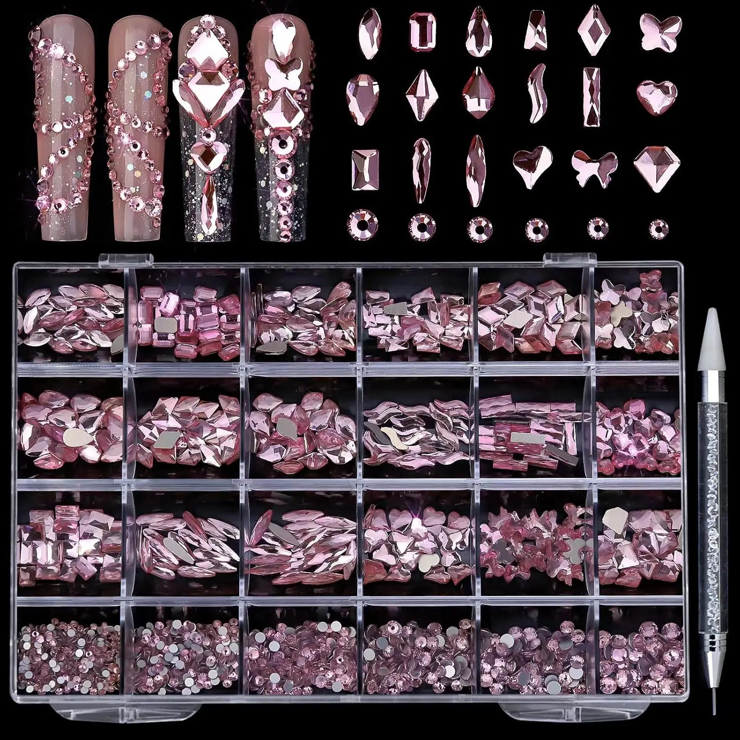 Nail Rhinestone Kit, 5380 Pcs Light Pink Flatback AB Glass Gems for Glamorous DIY Nails at Home, 19 Shapes and 6 Sizes with Picking Pen & Tweezers, Easy Nail Art