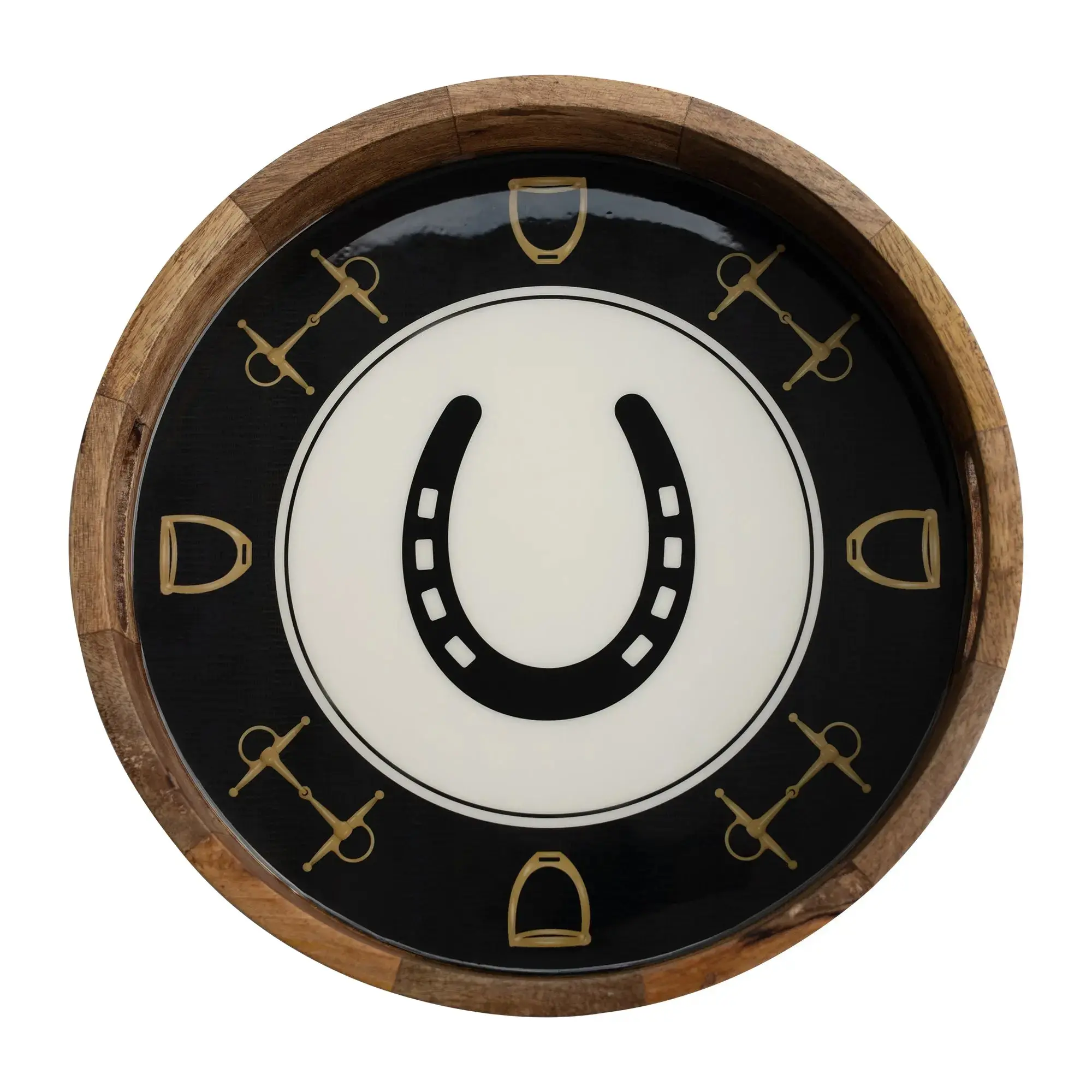 Huntley Equestrian Horsehoe and Bit Round Wooden Tray-Black and Gold Equestrian Home Decor