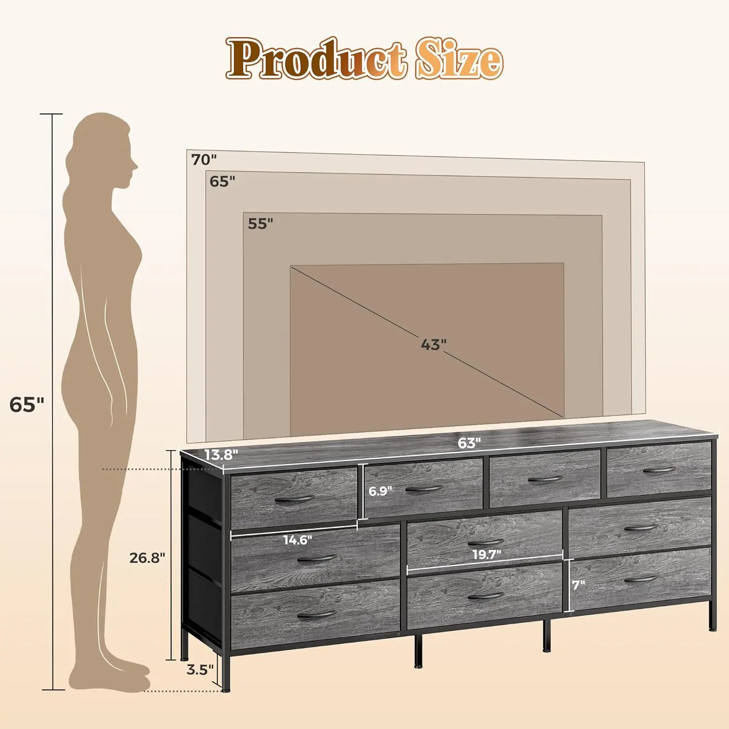 Huuger 63 Inch Dresser for Bedroom, Long Dresser with 10 Fabric Drawers, TV  Stand for 55, 65, 70 Inch TV, Toy Storage Organizer for Closet, Grey -  TikTok Shop